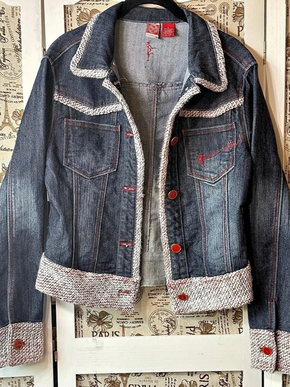 Johnny Girl Y2K Denim Jacket Size L Tweed Trim Embroidered